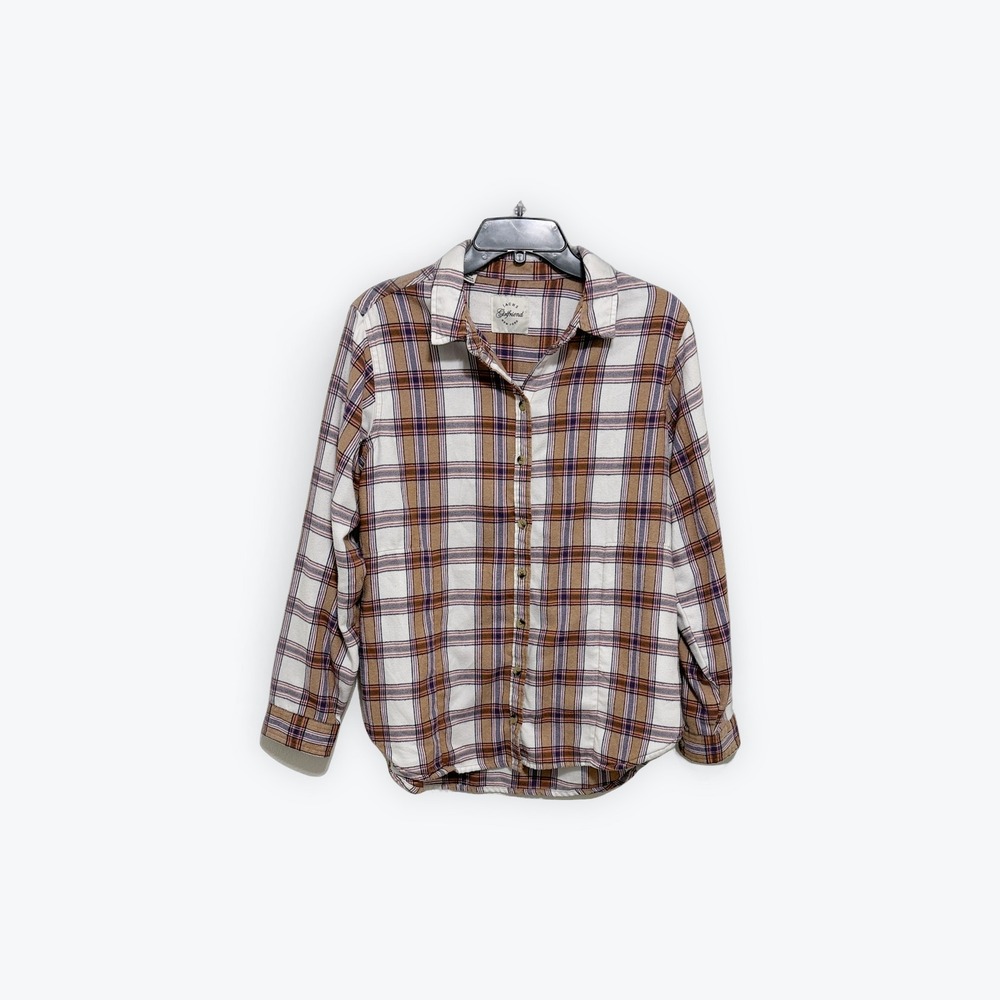 Jachs Girlfriend New York Plaid Button Down Shirt Tan Brown Purple Womens Medium